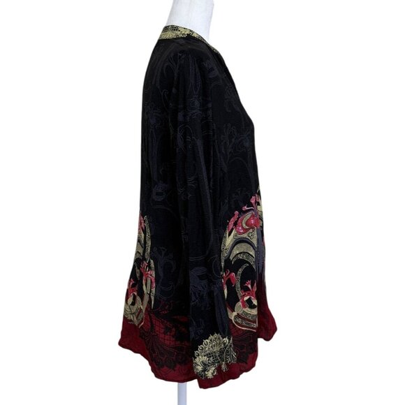 Citron Santa Monica Silk Top Button-Up Black Red Print Long Sleeve Womens Size L - Picture 2 of 5
